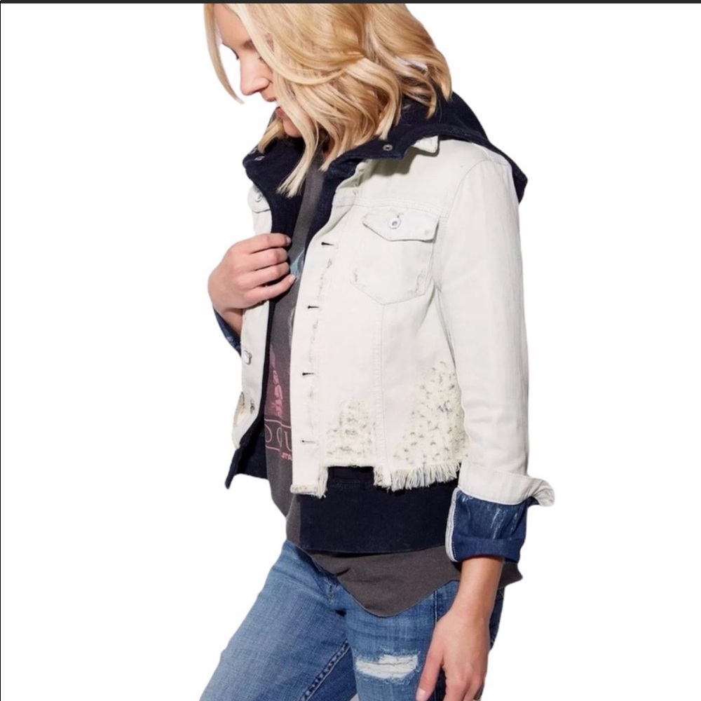 Free people distressed white and black jean jacket hoodie size XS